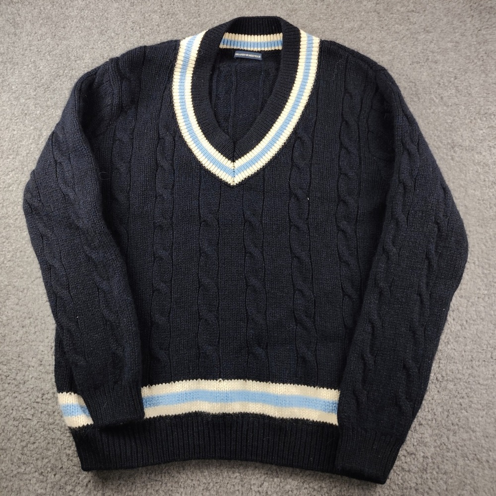 Brandy Melville Navy Blue Wool Blend Cable Knit Cricket V-Neck Sweater Oversized
